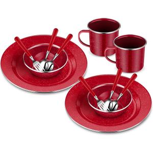 Nuogo 12 Pcs Enamel Camping Tableware Set Dinnerware Kit Includes 12 oz Coffee Mugs Camping Plates Bowls and Utensils Set with Knife Fork Spoon for 2 People Hiking Picnic Outdoor (Red)