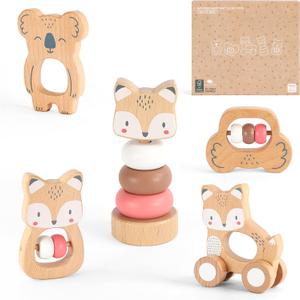 Wooden Montessori Toys, 5-Piece Wooden Baby Toys, Koala Wooden Baby Rattle, Fox Stacking Ring Baby Toys, Little Fox Wooden Baby Push and Pull Toys,Newborn Baby Gift Sets for Boys and Girls