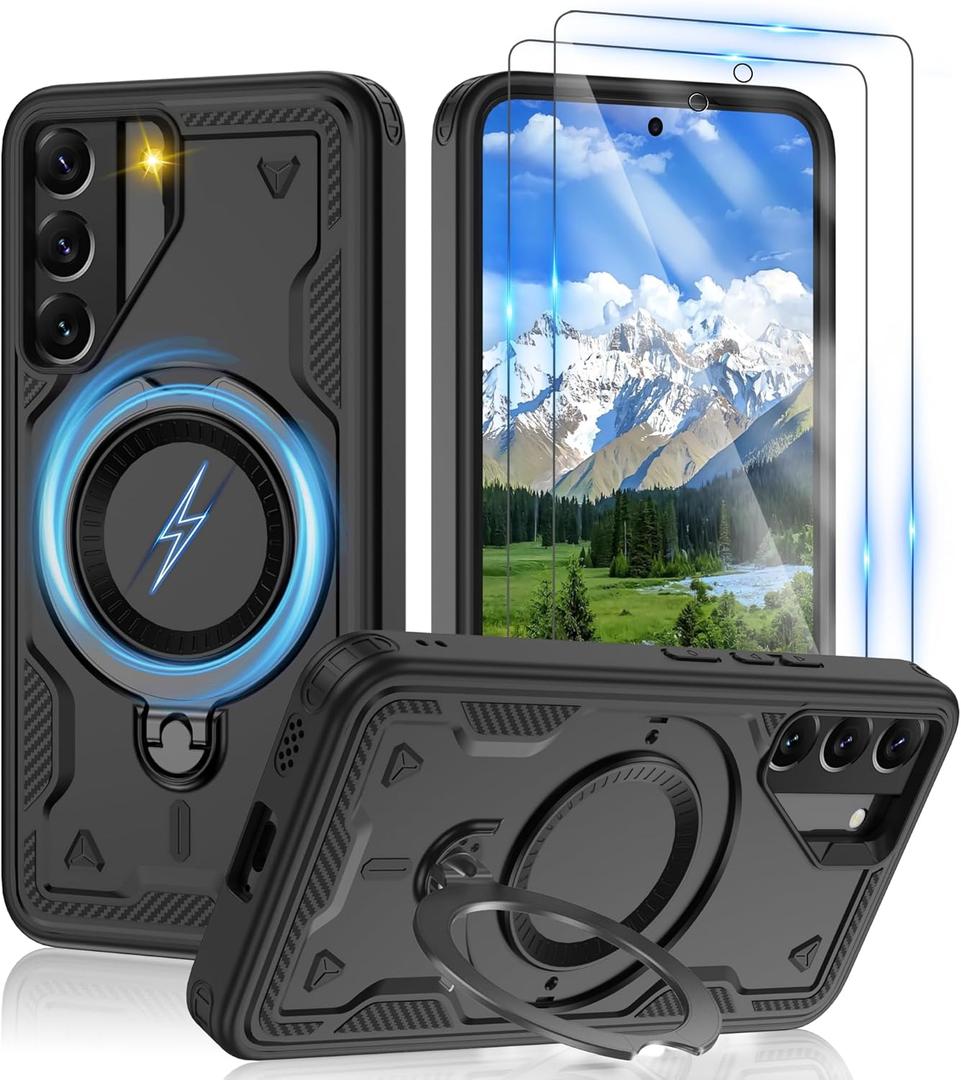 Gritup for Samsung Galaxy-S22 Case:Compatible with MagSafe & [HD Screen Protector2],Metal Rotated Kickstand,Military Grade Drop Proof Anti-Fingerprint Protective Case for Samsung S22,Black