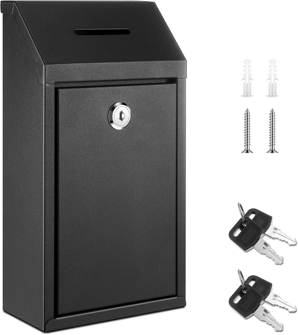 Yaocom Metal Money Donation Cash Box Collection Safe Suggestion Box with Lock Wall Mounted Mailbox Delivery Ballot Container for Home Office Outdoor Farmstand(Black,10.24 x 5.71 x 2.95 Inch)