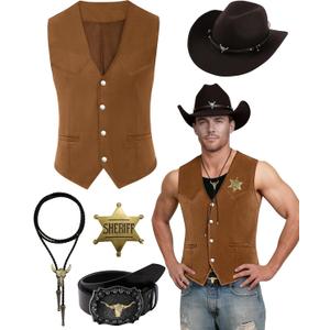 5 Pcs Western Outfits for Men Cowboy Suede Leather Vest Hat Necktie Buckle Belt Sheriff Badge for Halloween Costume (X-Large, Brown)