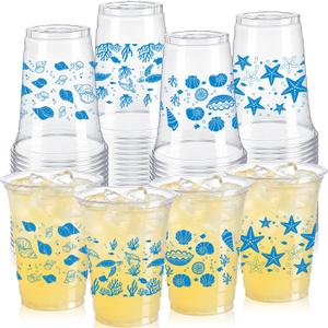 SiliFine 48 Pcs Ocean Theme Plastic Cups 12 oz Disposable Starfish Seashell Turtle Clear Plastic Drinking Cups for Beach Under The Sea Summer Ocean Theme Party Favors Decorations Supplies