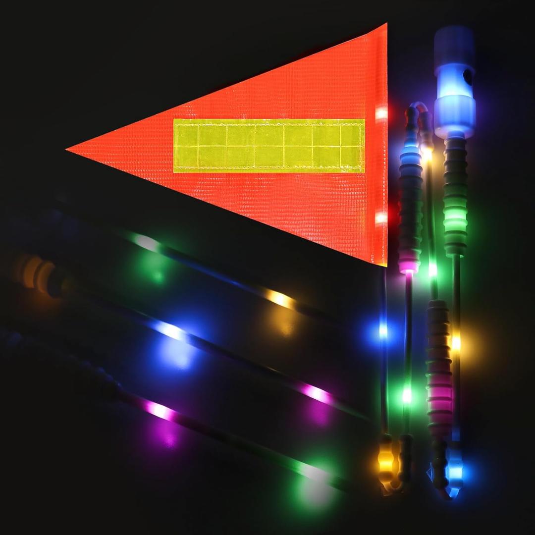 LED Bike Safety Flag Reflective 5.5 ft Lighted Bicycle Safety Flag with Heavy Duty LED Fiberglass Pole Tear-Resistant Waterproof Orange Pennant for Bike