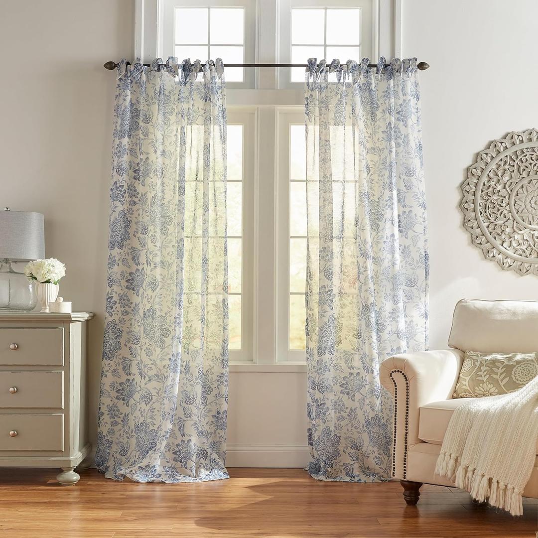 Elrene Home Fashions Westport Floral Tie-Top Sheer Window Curtain Panel, 52" x 84" (1), Indigo