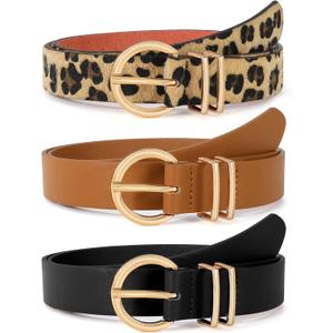 VONMELLI 3 Pack Women's Leather Belts for Jeans Dresses Ladies Waist Belt with Fashion Gold Buckle (XL: Fit Waist Size 43-46 Inches, D-black+brown+leopard)