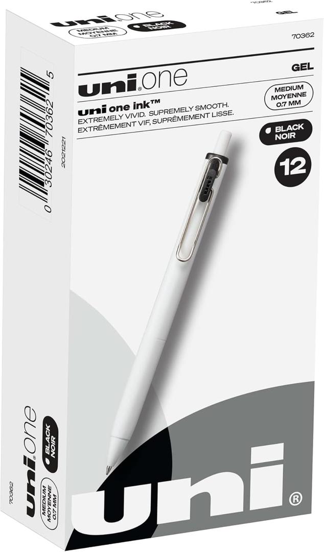 Uni-Ball One Retractable Gel Pens, Medium Point, 0.7 mm, White Barrel, Black Ink, Pack Of 12 Pens