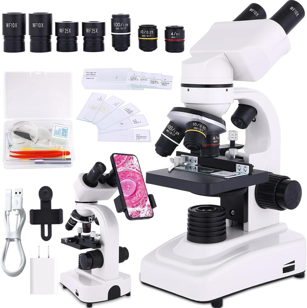 Microscope for Adults & Kids,40-2500X Binocular Microscope for School Lab & Home Schooling,with Mechanical Stages,Slides Set & Phone Holder