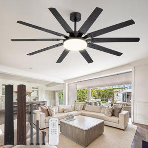 Fanbulous 65 inch Large Ceiling Fans with Lights and Remote, Outdoor Black Ceiling Fan with 10 Blades, 32W LED light 3 CCT, 6 Speed Reversible Quiet DC Motor, Modern Ceiling Fan for Living Room Patio