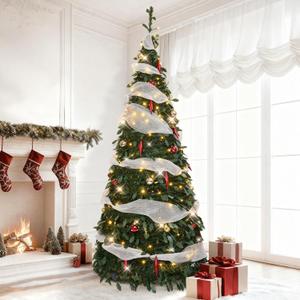 7 FT Prelit Pop Up Christmas Tree, Collapsible Artificial Tree with 200 LED Multi-Color Lights, Easy Pull-Up Assembly for Holiday Home Decor