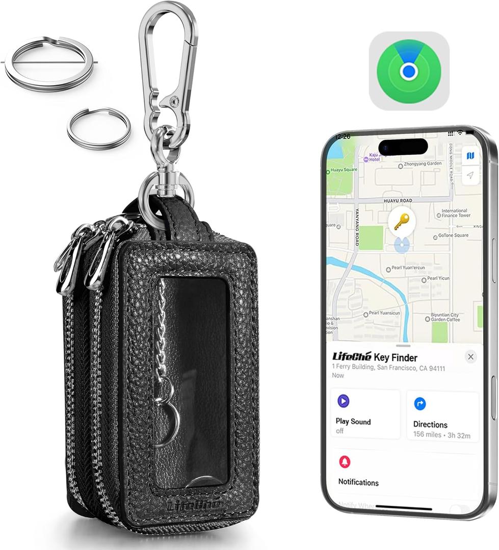 Universal Car Key Fob Key Finder Built-in Anti-Loss Tracker, Premium PU Leather Car Key fob Holder, Keychain Key Fob Cover with Double Layer, Transparent Window, Hook, More Key Rings (Black)