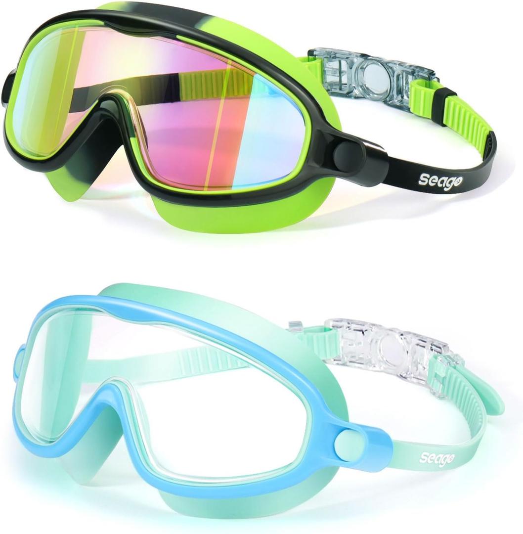 Seago Swim Goggles 2 Pack Anti-Fog Anti-UV Wide View Swimming Goggles for Kids 3-14 (Light Blue & Black/Green)