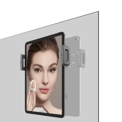 Powerful Suction Cup iPad & Tablet Wall Mount for Mirror, Glossy Tiles & Glass, Pad Holder for Bathroom, Kitchen, Gym, Yoga, Makeup, Supports extra 3 pads for 24H, Fits devices from 5.5"-12.9" (Black)