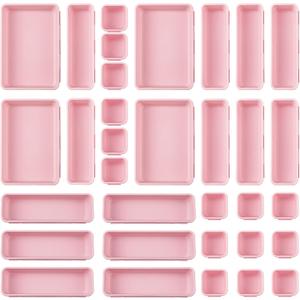 32 Pcs Desk Drawer Organizer Office Organization Tray Versatile Vanity with Nonslip Pads Makeup for Divider Storage Box Container Kitchen Bedroom (Rose Pink) ONG-Purpeak-146