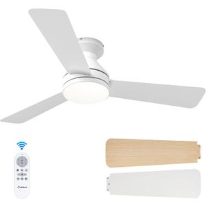 Amico Ceiling Fans with Lights, 42 inch Low Profile Ceiling Fan with Light and Remote Control, Flush Mount, Reversible, 3CCT, Dimmable, Noiseless, White Ceiling Fan for Bedroom, Indoor/Outdoor Use