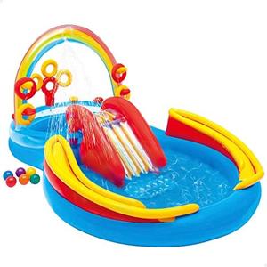 Intex 57453EP 9.75 Foot x 6.3 Foot x 53 Inch Multicolor Rainbow Slide Kids Inflatable Pool with Water Slide and Ring Toss for Children Ages 2 and Up