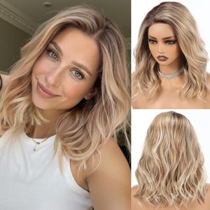 HAIRCUBE Synthetic T Lace Front Wig,Side-Parted Glueless Lace Wigs for Women, 16-Inch Shoulder Length Wavy Style for Daily Wear, Party & Date (Ombre Ash Blonde)