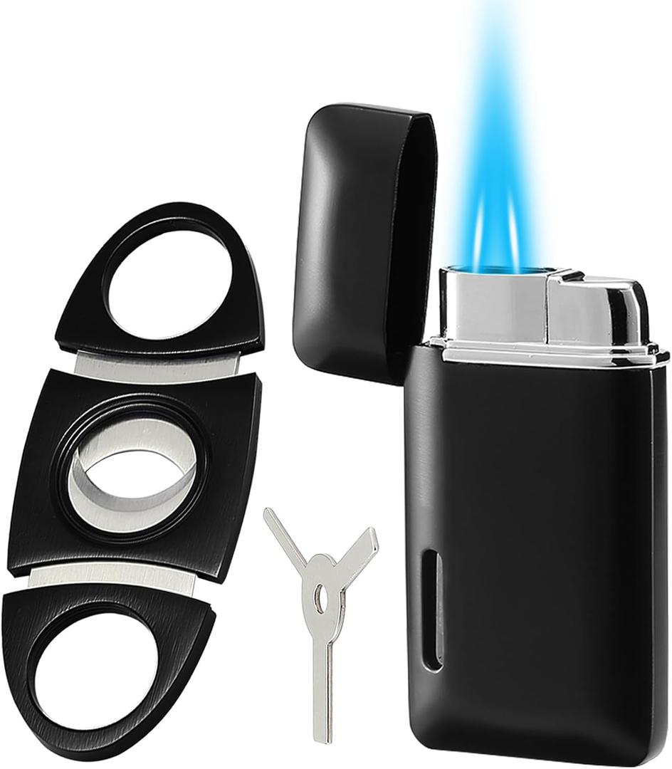 Bbsisgo and Lighter Set, Double Jet Flame Butane Torch Lighter with Adjustment Flame Tools, Refillable Windproof Gas Lighter. Gifts for Men. Black(Sold Without Gas)