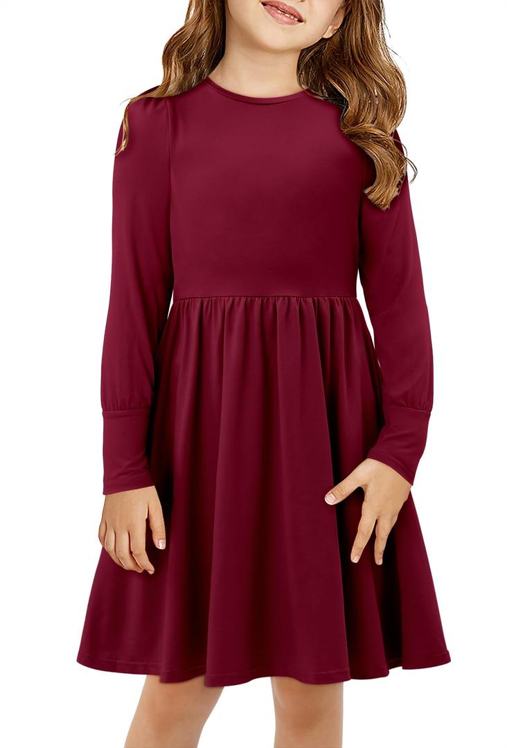 Yoklass Girl's Dress with Pockets Kids Flowy Stretchy Burgundy Long Sleeve Dresses 8-9 Years (L)