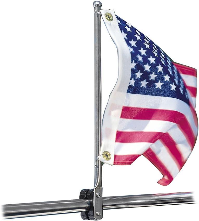 Taylor Made 15" Stainless Steel Flag Pole with Rail Mount  Made from T304 stainless steel  15" length  Mounts to 7/8" to 1 1/4" round rails  Complete with split rings  2020109098