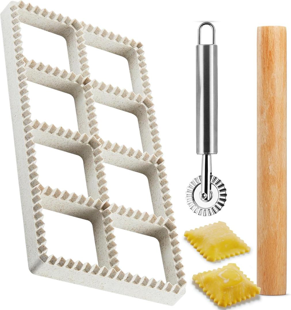 Ravioli Maker Press, Ravioli Press Mold Set - Squares Ravioli Stamp Maker Cutter with Wood Rolling Pin and Ravioli Wheel, Ravioli Stamp Pasta Making Tools | Makes 8 Ravioli, 1.85"