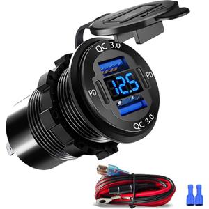 Upgraded 4 Port 12V USB Outlet, 78W Dual PD & QC Aluminum Alloy USB Ports with LED Voltmeter Waterproof for Cars, Cigarette Lighter Replacement 12V Socket for Boats RV Trucks and Motorcycles