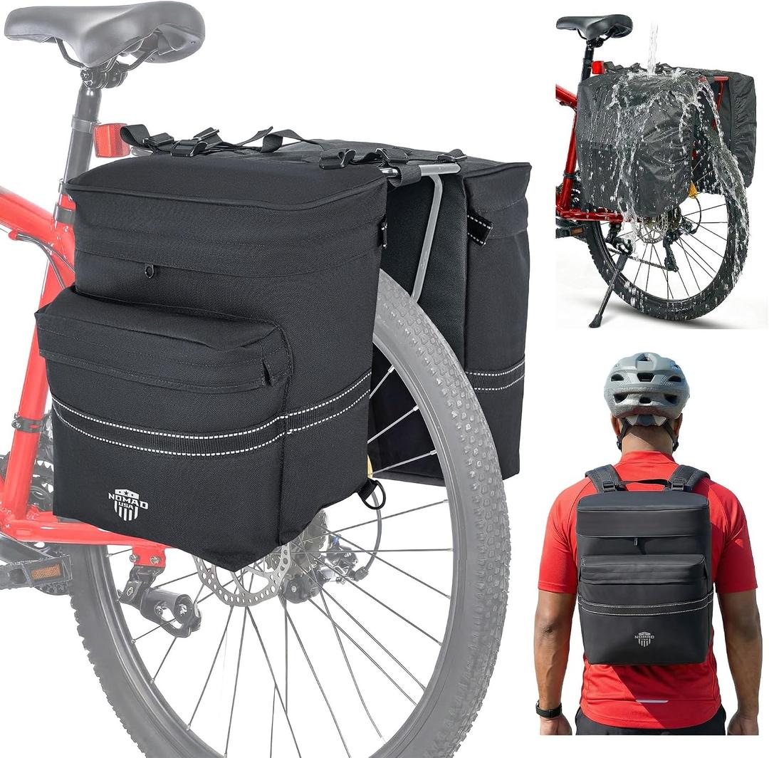 Nomad USA 34L Bicycle Saddlebags Pair XL 2-in-1 Bike Panniers Converts to Backpack Carry Bag Reflective Everyday Scooters Commuters Bike Rear Rack Bag w/Rain Cover for Students,City,Road,Mountains