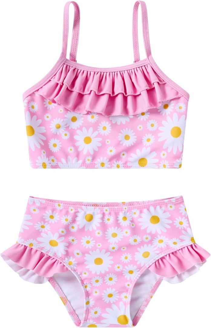 Little Girls Two Piece Mermaid Bikini Set Ruffle Adjustable Summer Beach Bathing Swimsuit 3-7 Years for Kids (Daisy Floral)