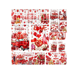 13 Pcs Valentine's Day Kitchen Sets with Kitchen Towels Non Slip Mats Curtains Valance Pot Holders Oven Mitts Red Love Heart Home Decor Accessories Sets for Valentines Cooking Grilling Baking Gift