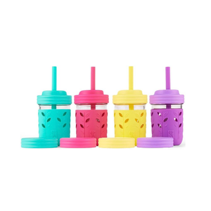 Elk and Friends Kids + Toddler Glass Cups | The Original 8oz Glass Mason Jar with Sleeves + Lids | Silicone Straws + Stopper | Smoothie Cup | Food Storage | Spill Resistant | Dishwasher Safe | 4 Pack