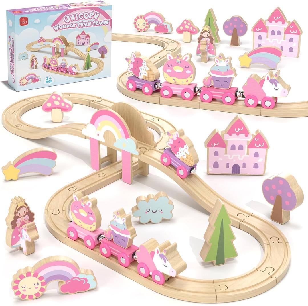 Lehoo Castle Wooden Train Set, Train Set for Toddlers 2-4, Wooden Train Track for Girls, Unicorn Toys for Girls Age 4-6, Toys for 3 4 5 6 Year Old Girl Gifts for Christmas Birthday
