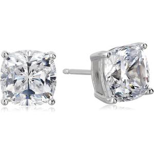 Amazon Essentials Platinum Plated Sterling Silver Cushion Cut Cubic Zirconia Stud Earrings (previously Amazon Collection) (8.5 mm)