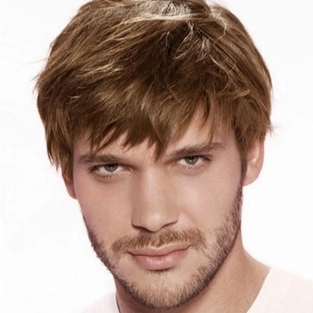 Mens Short Brown Wigs Synthetic Heat Resistant Fiber Wig Halloween Cosplay Daily Hair Wig for Male Guy