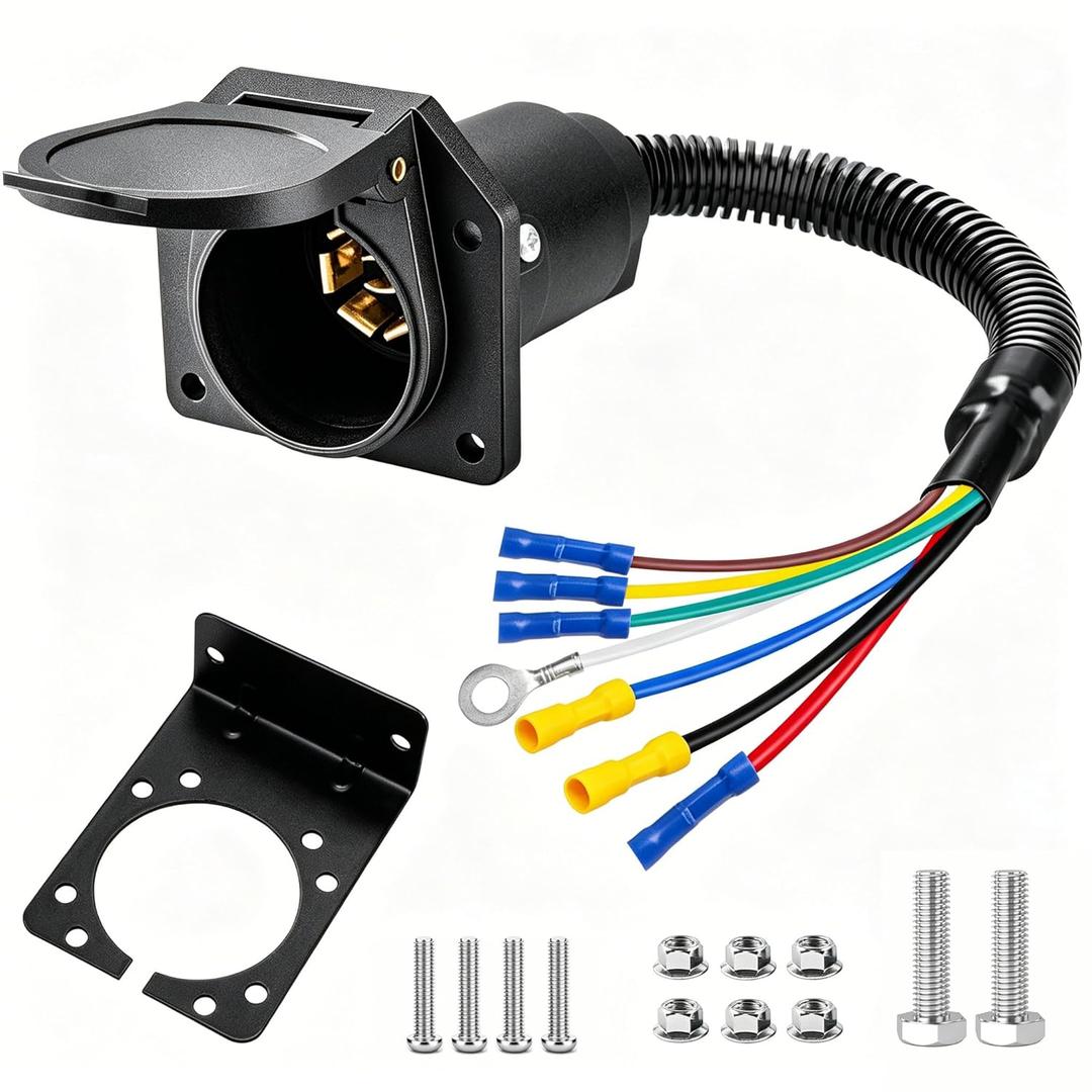 7 Pin Trailer Plug,7 Way Trailer Light Connector Socket,7 Prong Electrical Truck End Wiring Harness Vehicle Side,7 Pin Truck Plug Quick Converter with Mounting Bracket