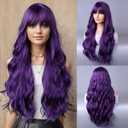 BERON 26 Inches Purple Wig Long Curly Dark Purple Wig with Bangs for Women Daily Party Hairnet Include