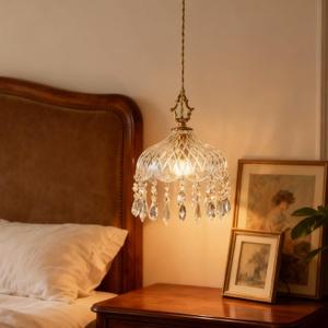 Small Vintage Crystal Pendant Light Kitchen Island,French Brass Glass Mini Hanging Light,Adjustable Height Single Light Fixture, Gold Antique Chandelier for Bathroom (1-Pack，Dia 7.87in