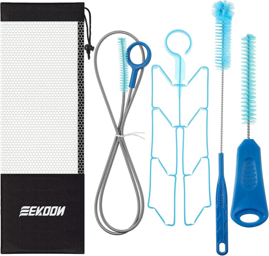 Hydration Bladder Cleaning Kit, Water Bladders Cleaner Set with Flexible Long Brush for Hose, Small Bite Valve and Big Brush, Drying Collapsible Bladder Frame, Carrying Pouch (Blue)