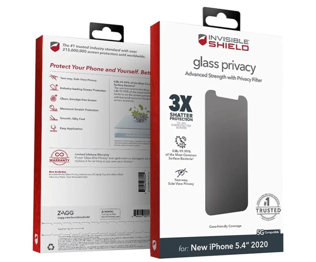 ZAGG InvisibleShield Glass Privacy Screen Protector for iPhone 12 Mini - 3X Impact and Scratch Protection, Strongest Tempered Glass, Smudge-Free, Smooth Silky Feel, Two-way Side View Pack of 2
