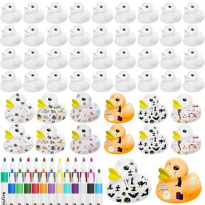 Gaiaring 60 Pcs 2 Inch White Blank Rubber Ducks DIY Rubber Ducks in Bulk with Pens of 24 Colors Waterproof Float Squeak Ducks Gifts for Birthday Halloween Christmas Party