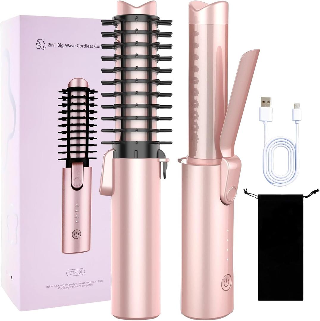 Cordless Curling Iron Brush, 3-in-1 Travel Hair Curler Straightener Brush, 7000mAh Rechargeable Mini Curling Iron Tool, 4 Temperatures/Fast Heating/Anti-Scald/Anti-Frizz Hot Rollers (Pink)