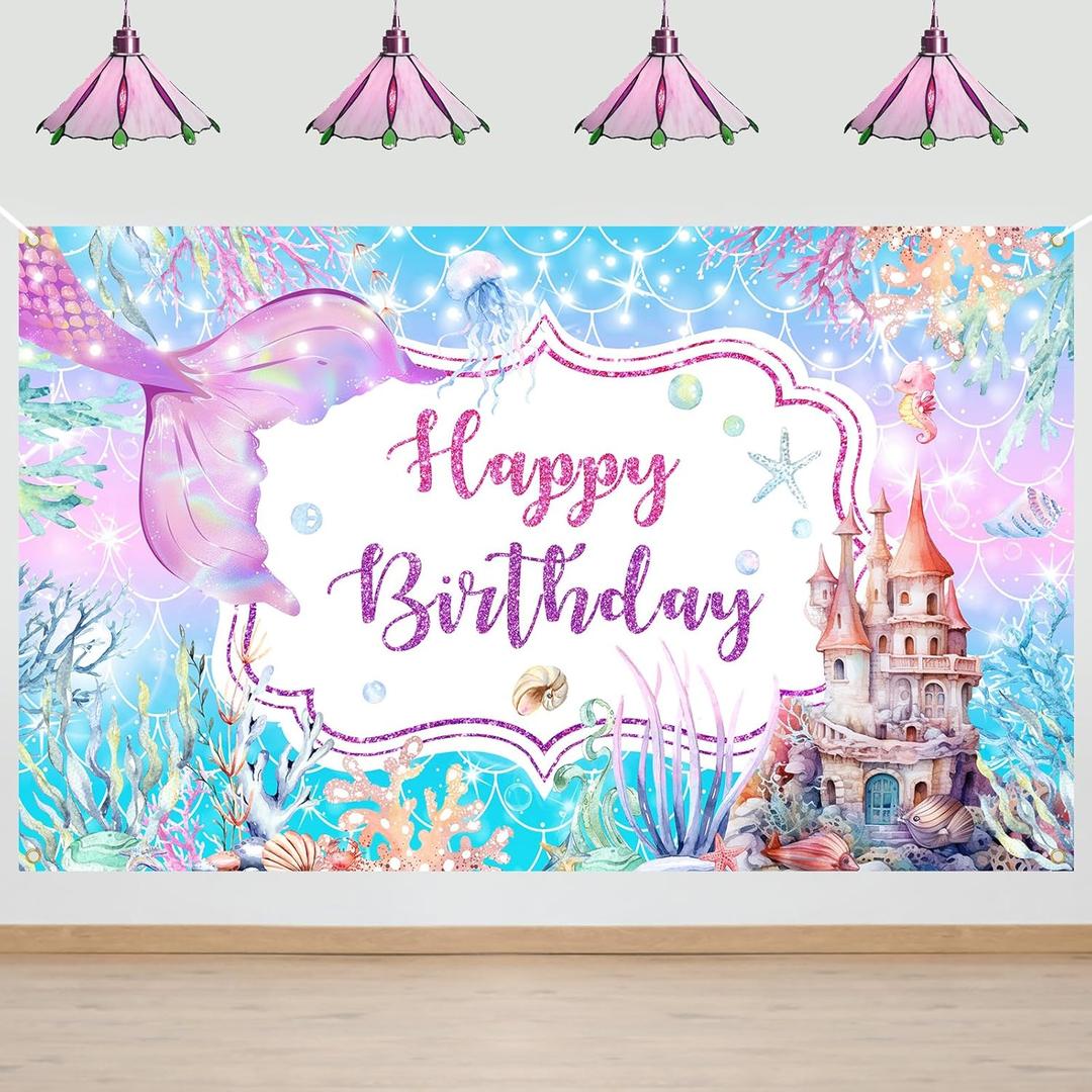 Avezano Mermaid Happy Birthday Banner Purple Mermaid Birthday Party Decorations Under The Sea Backdrop for Girls Ocean Theme Bday Party Decor (6x3.6ft)