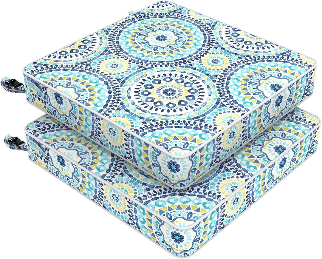 LVTXIII Patio Chair Cushions 19"x19"x3", Water-Repellent Outdoor Seat Cushions for Patio Furniture, Square Chair Pads with Ties for Home Garden Decoration, Set of 2, Delancey Lagoon
