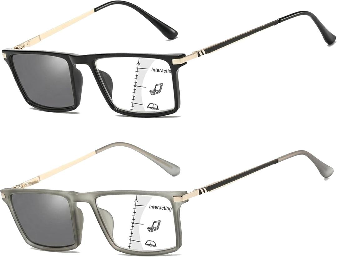 2 Pack Progressive Multifocus Reading Glasses for Men Anti-Blue Light Photochromic Lens Flexible Computer Readers