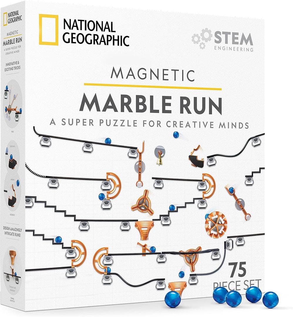 National Geographic Magnetic Marble Run - 75-Piece STEM Building Set for Kids & Adults with Magnetic Track & Trick Pieces & Marbles for Building A Marble Maze, STEM Project, One Size