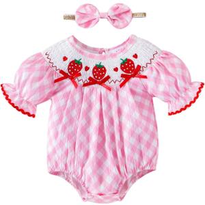 Baby Girl Clothes Smocked Romper Newborn Plaid Short Sleeve Bubble Bodysuit + Bow Headband Summer Outfits 12-18 Months