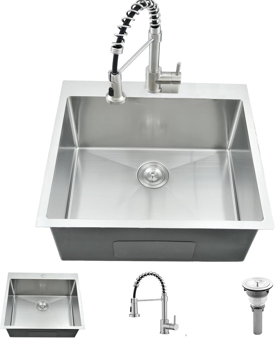 25 Inch Drop In Utility Sink with Faucet, 25"x22"x12" Drop In Laundry Sink 16 Gauge Stainless Steel Utility Sink 12" Deep Single Bowl Laundry Room Sink
