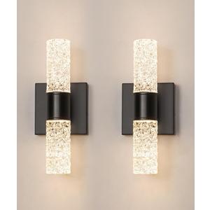Black Sconces Wall Decor Set of 2, Crystal Bathroom Vanity Light Fixture, Modern Hardwired Wall Sconce Light Over Mirror, LED Sconces Wired for Bedroom Hallway Stairwells