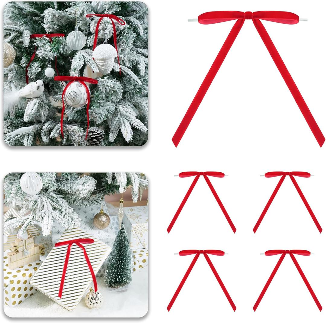 Red Velvet Ribbon Christmas Bow 5 x 7 Inches Premade Red Bows for Christmas Tree Hanging Decorations Gift Wrapping Wreaths Crafts Outdoor Indoor Home Decor Wedding, Pack of 24