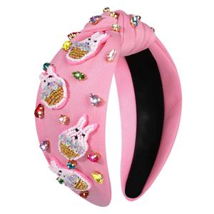 Easter Headbands for Women Girls Cute Easter Bunny Headband Jeweled Crystal Embellished Knotted Headband Holiday Party Hair Accessories (Beaded Bunny-Pink)