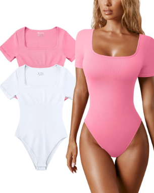 OQQ Women's 2 Piece Bodysuits Sexy Ribbed One Piece Square Neck Short Sleeve Bodysuits Size L