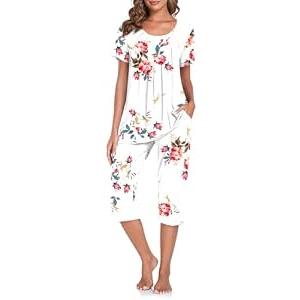 TAOHUADAO Women's Pajamas Set with Pockets Capri Pants with Short Sleeve Top Ladies Sleepwear Plus Size Pjs Loungewear M, Floral White